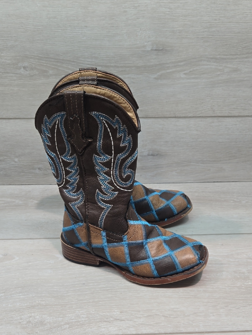 Roper Kids Girl Tall Leather Western Boots with Blue Stitch Plaid Shoes Sz 11